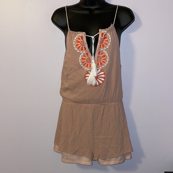 Lulus Barcelona Beauty Blush Pink Tan Embroidered Romper size S - Picture 1 of 17